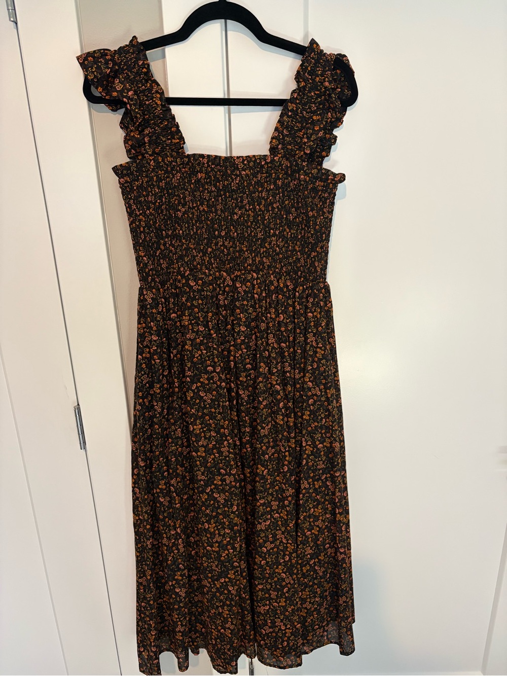 Smocked Black Floral Midi Dress with Ruffle Straps